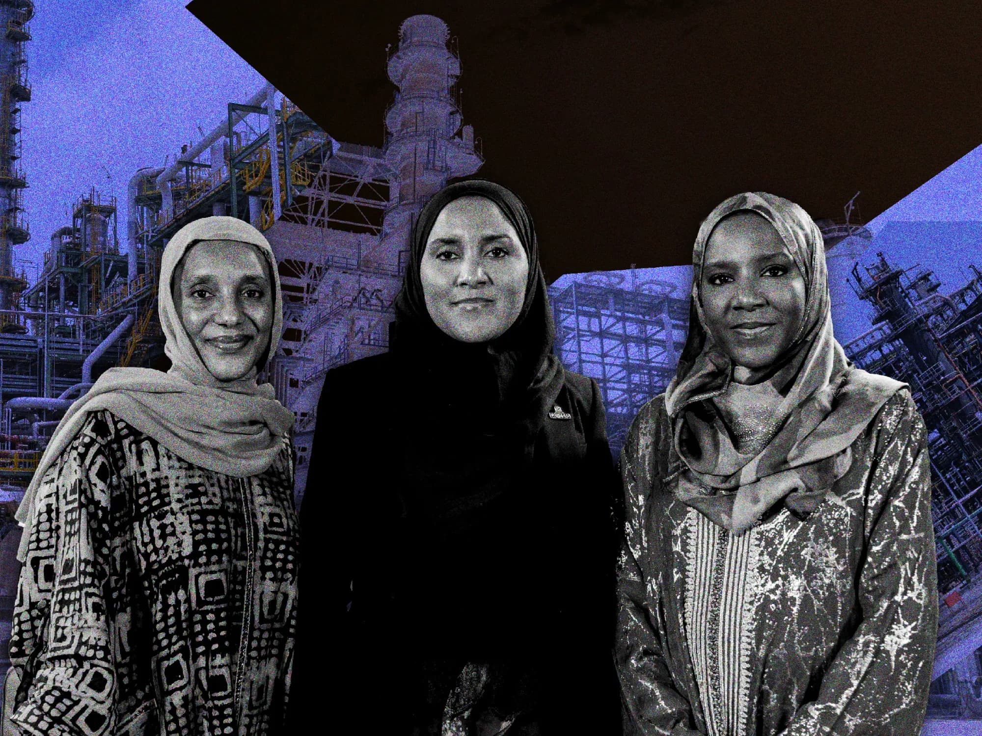 Halima, Fatima and Mariya Dangote pictured together against an industrial refinery backdrop
