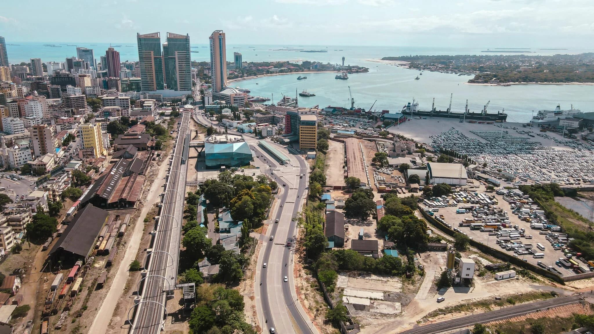 Aerial view of Dar es Salaam's port, skyline, and harbor along Tanzania's Indian Ocean coast